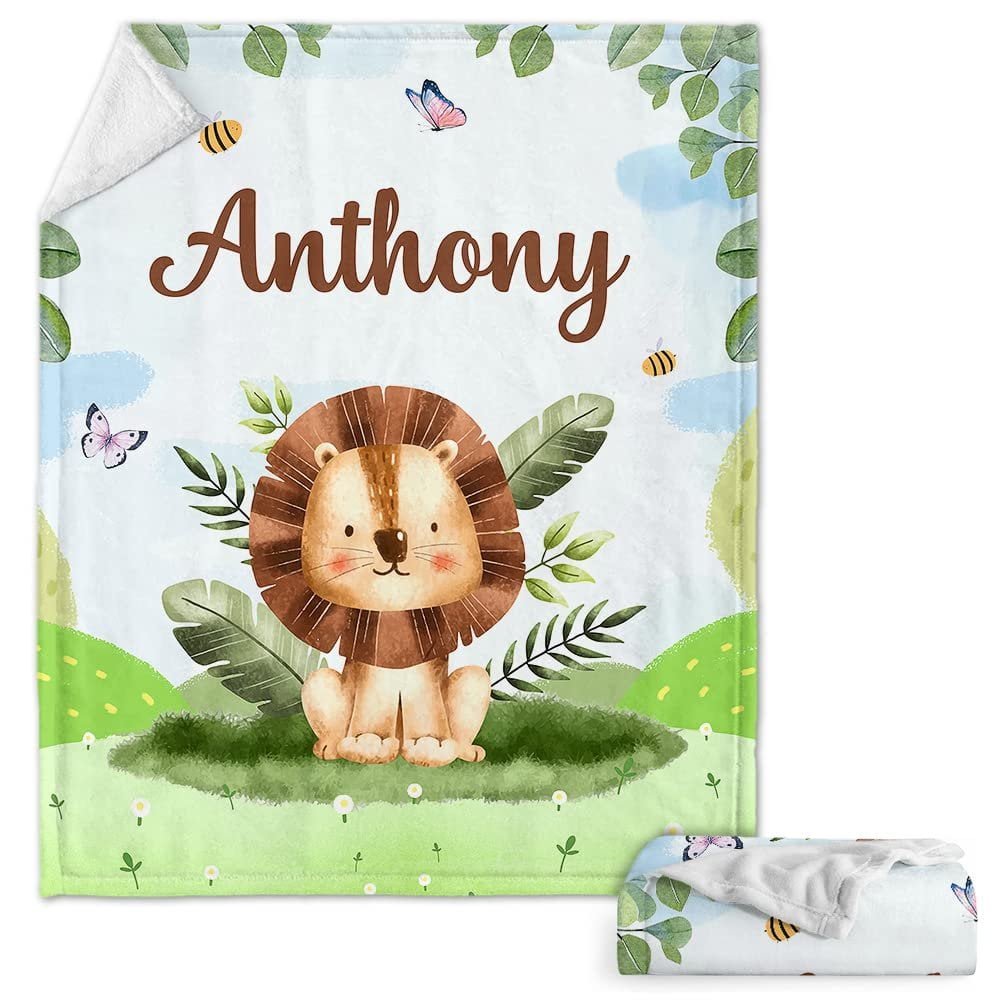 Lion Forest Baby Kids Blanket With Personalized Name, Awesome Gift For Boy, Son, Grandson