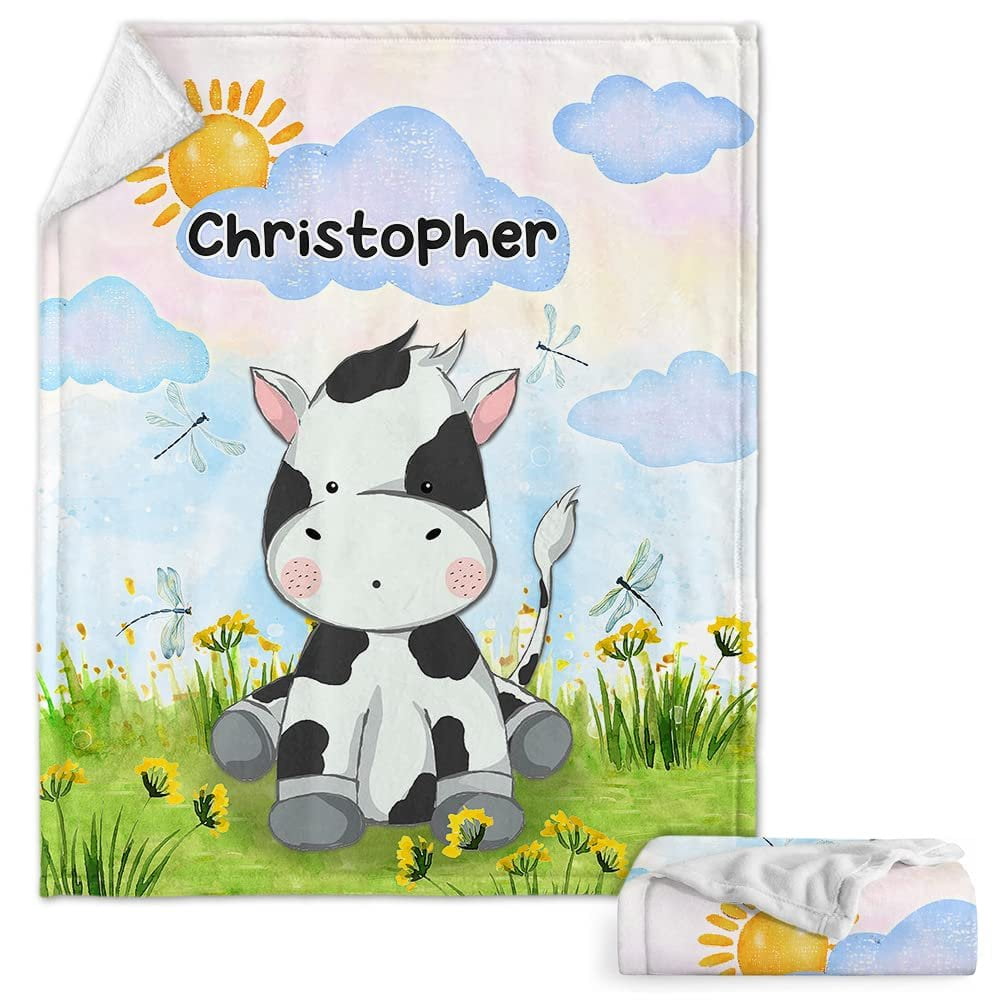 Cute Dairy Cow Baby Kids Blanket With Personalized Name, Awesome Gift For Boy Nursery, Son, Grandson