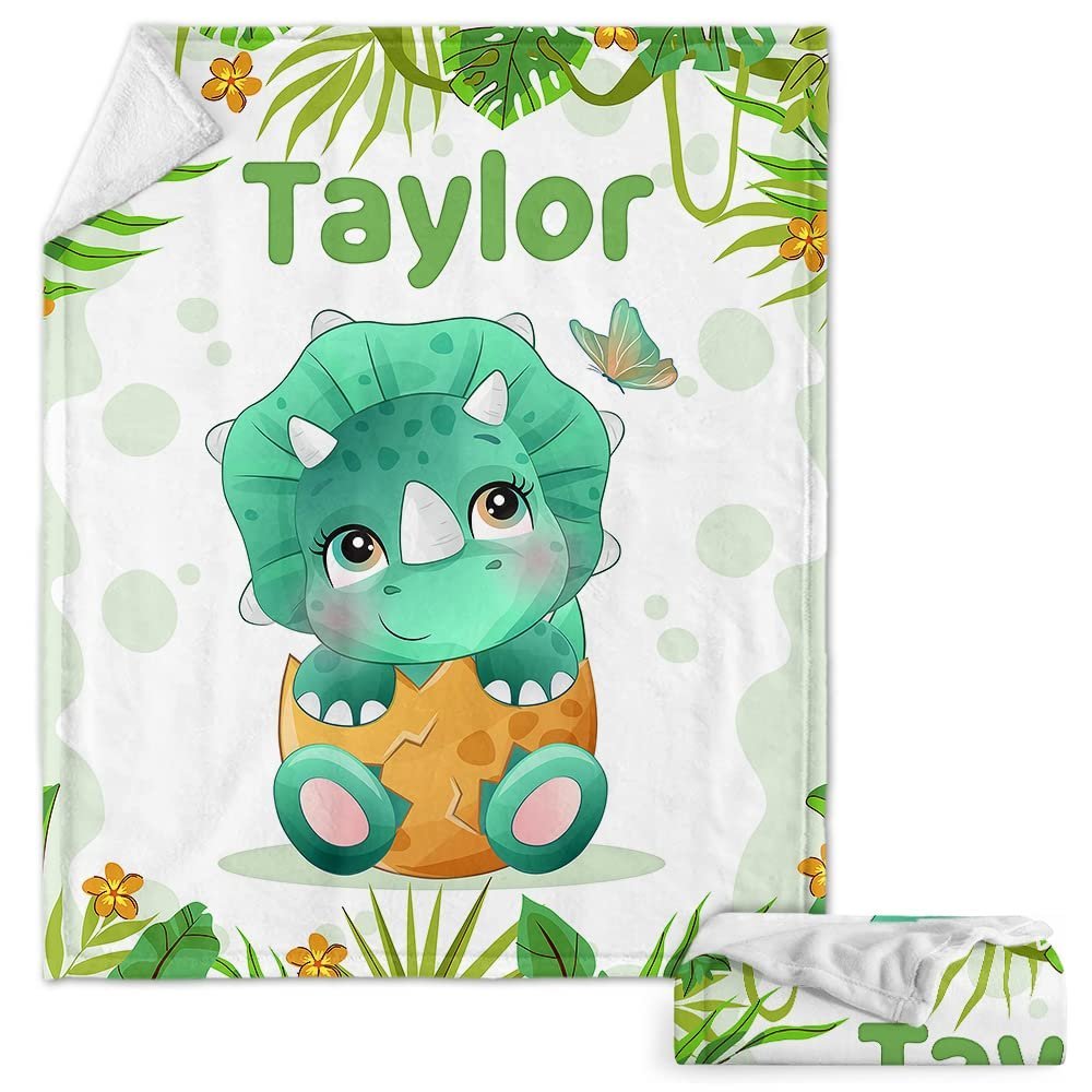 Cute Dinosaur Forest Baby Kids Blanket With Personalized Name, Awesome Gift For Boy Nursery, Son, Grandson