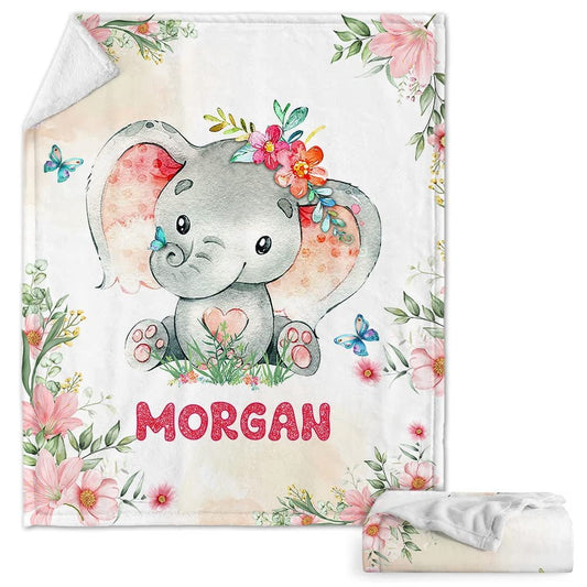 Elephant And Flowers Baby Kids Blanket With Custom Name For Baby Girl Nursery, Daughter, Granddaughter