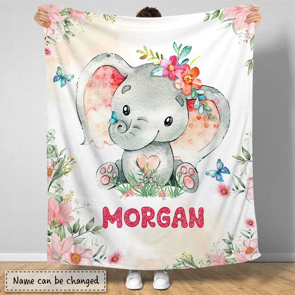 Elephant And Flowers Baby Kids Blanket With Custom Name For Baby Girl Nursery, Daughter, Granddaughter