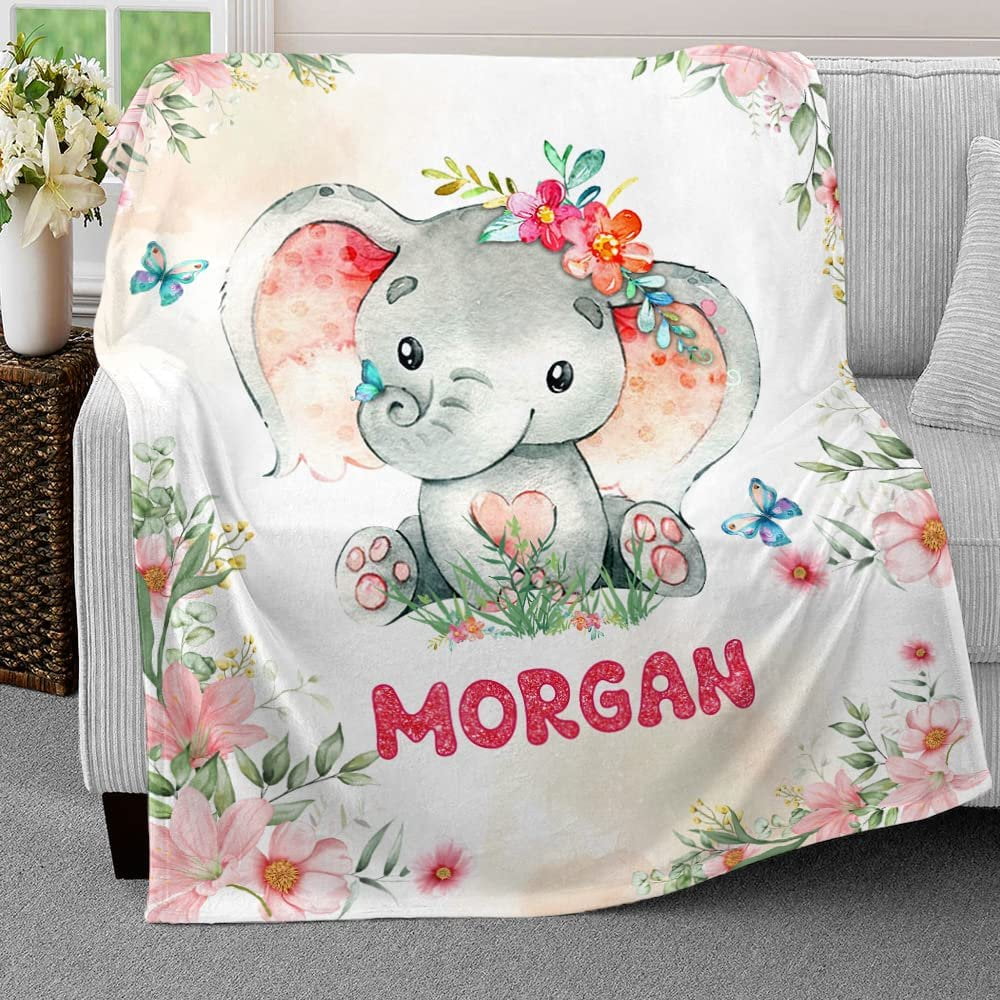 Elephant And Flowers Baby Kids Blanket With Custom Name For Baby Girl Nursery, Daughter, Granddaughter