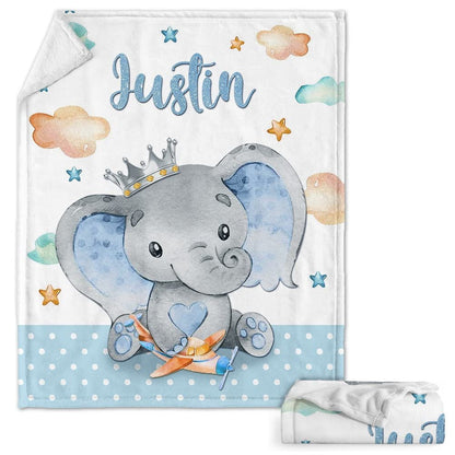 Cute Elephant Cloudy Baby Kids Blanket With Custom Name, Awesome Gift For Boy Nursery, Son, Grandson