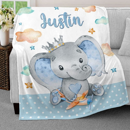 Cute Elephant Cloudy Baby Kids Blanket With Custom Name, Awesome Gift For Boy Nursery, Son, Grandson