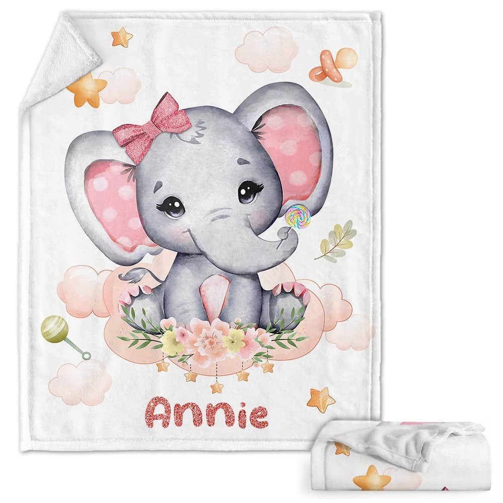 Pink Elephant Cloudy Baby Kids Blanket With Custom Name For Baby Girl Nursery, Daughter, Granddaughter