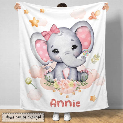 Pink Elephant Cloudy Baby Kids Blanket With Custom Name For Baby Girl Nursery, Daughter, Granddaughter