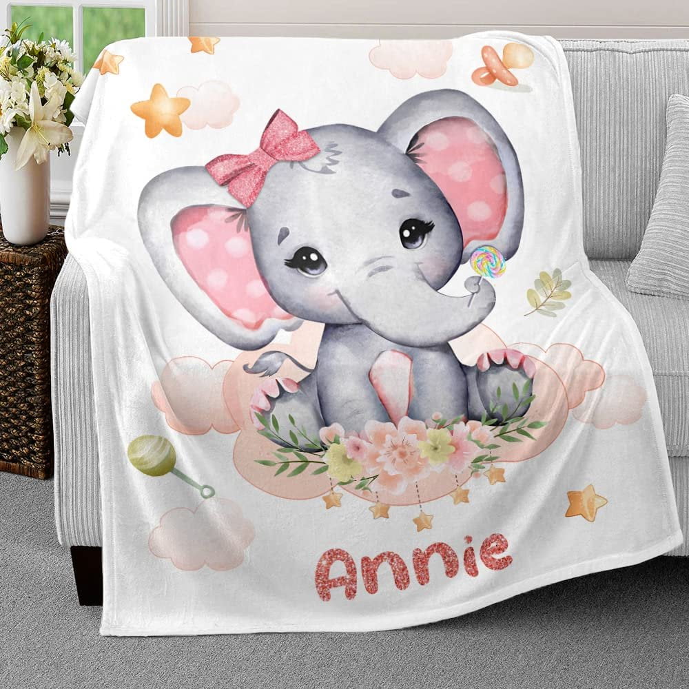 Pink Elephant Cloudy Baby Kids Blanket With Custom Name For Baby Girl Nursery, Daughter, Granddaughter