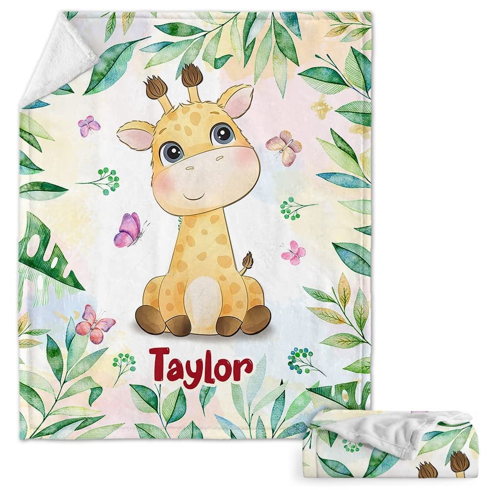 Giraffe And Butterfly Forest Baby Kids Blanket With Custom Name For Baby Girl Nursery, Daughter, Granddaughter