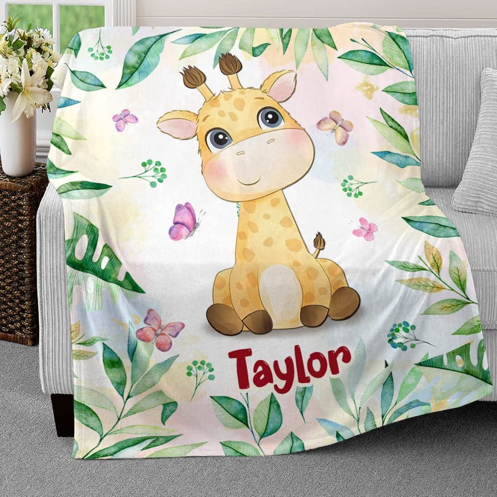 Giraffe And Butterfly Forest Baby Kids Blanket With Custom Name For Baby Girl Nursery, Daughter, Granddaughter