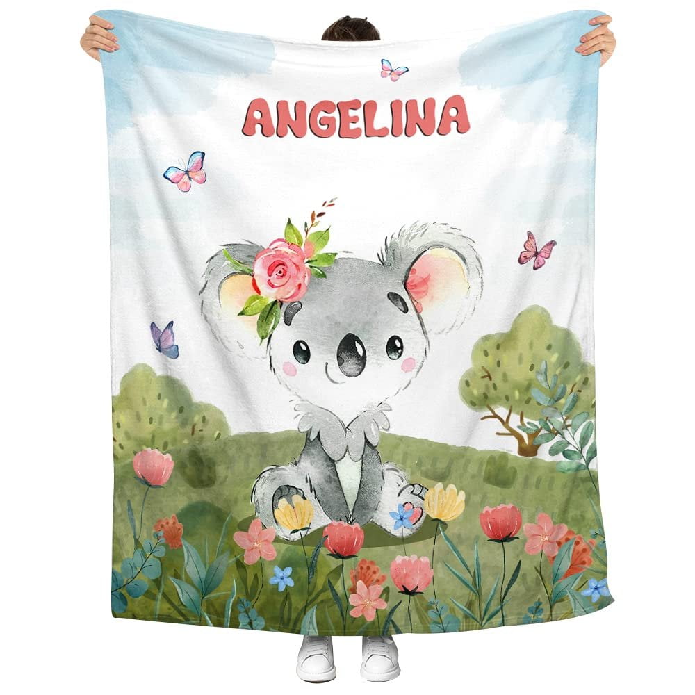 Koala And Flowers Butterfly Baby Kids Blanket With Custom Name For Baby Girl Nursery, Daughter, Granddaughter