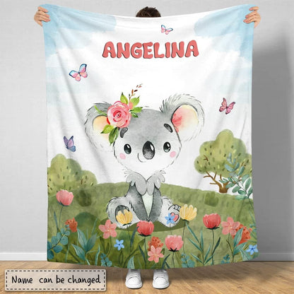 Koala And Flowers Butterfly Baby Kids Blanket With Custom Name For Baby Girl Nursery, Daughter, Granddaughter
