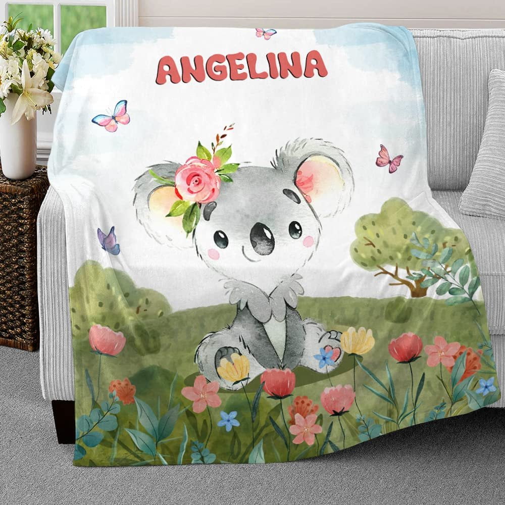 Koala And Flowers Butterfly Baby Kids Blanket With Custom Name For Baby Girl Nursery, Daughter, Granddaughter