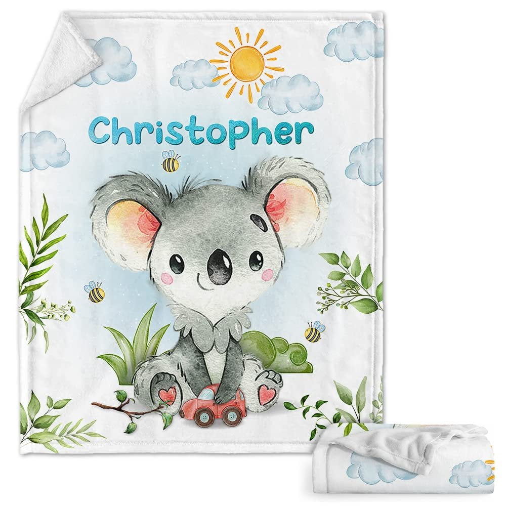 Koala Watercolor Baby Kids Blanket With Custom Name, Awesome Gift For Boy Nursery, Son, Grandson