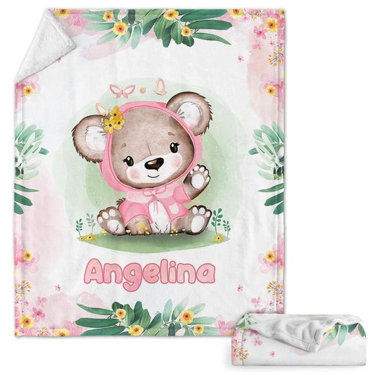 Lovely Pink Bear Baby Kids Blanket With Custom Name For Baby Girl Nursery, Daughter, Granddaughter