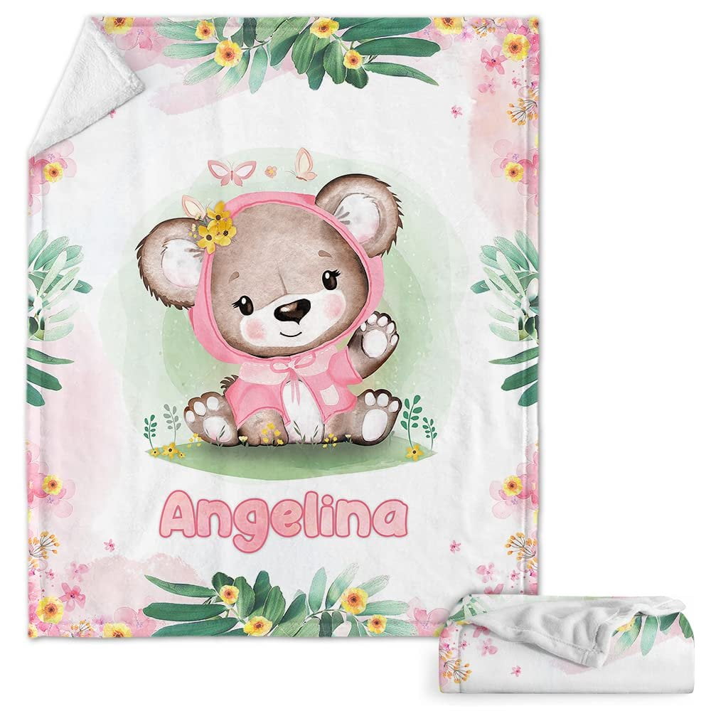 Lovely Pink Bear Baby Kids Blanket With Custom Name For Baby Girl Nursery, Daughter, Granddaughter