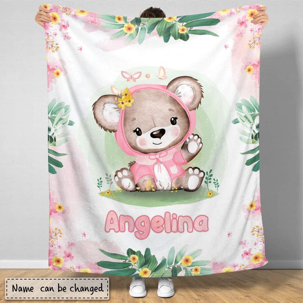 Lovely Pink Bear Baby Kids Blanket With Custom Name For Baby Girl Nursery, Daughter, Granddaughter