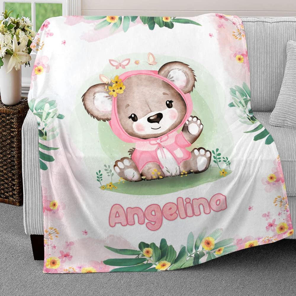 Lovely Pink Bear Baby Kids Blanket With Custom Name For Baby Girl Nursery, Daughter, Granddaughter