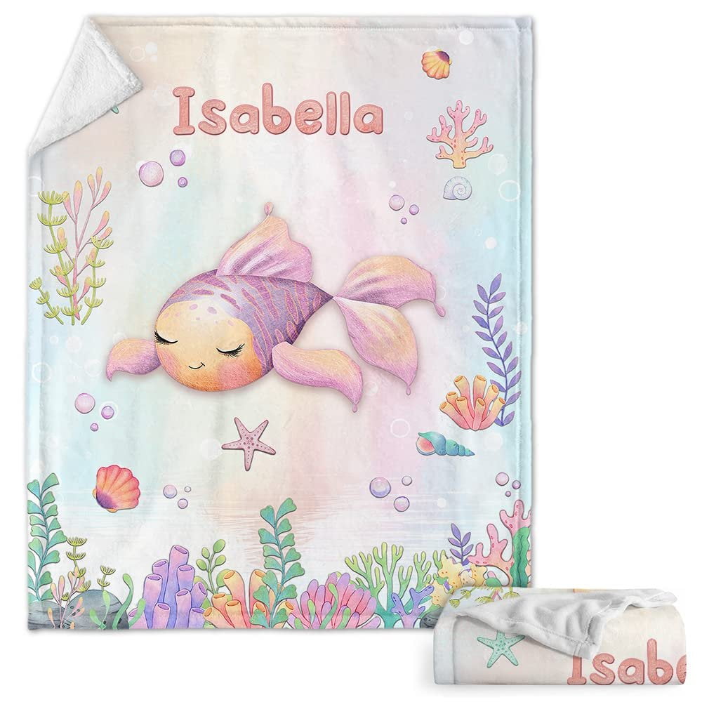 Pink Sea Fish Baby Kids Blanket With Custom Name For Baby Girl Nursery, Daughter, Granddaughter