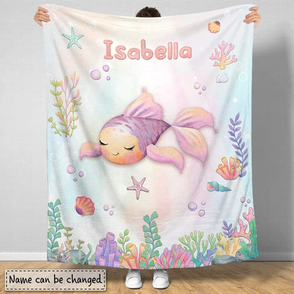 Pink Sea Fish Baby Kids Blanket With Custom Name For Baby Girl Nursery, Daughter, Granddaughter