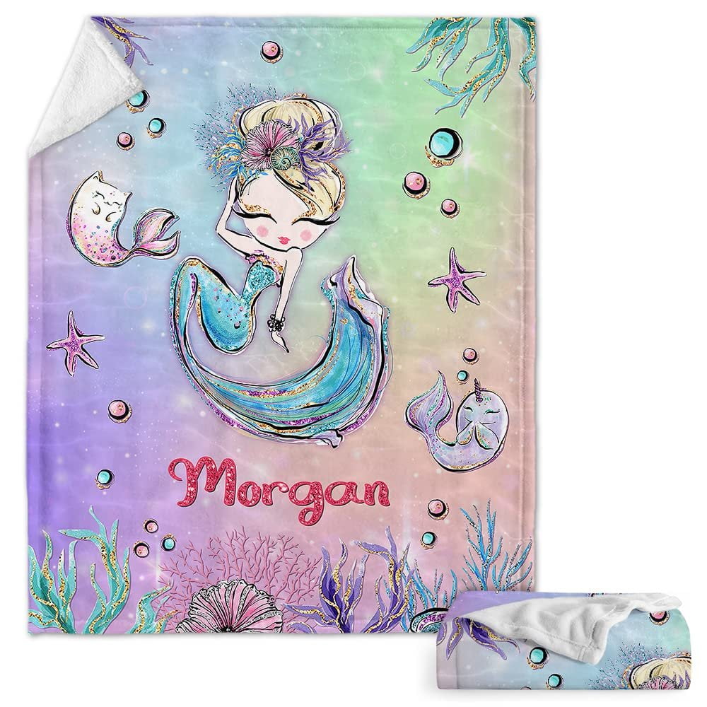 Mermaid Theme Ocean Baby Kids Blanket With Custom Name For Baby Girl Nursery, Daughter, Granddaughter