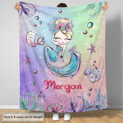Mermaid Theme Ocean Baby Kids Blanket With Custom Name For Baby Girl Nursery, Daughter, Granddaughter