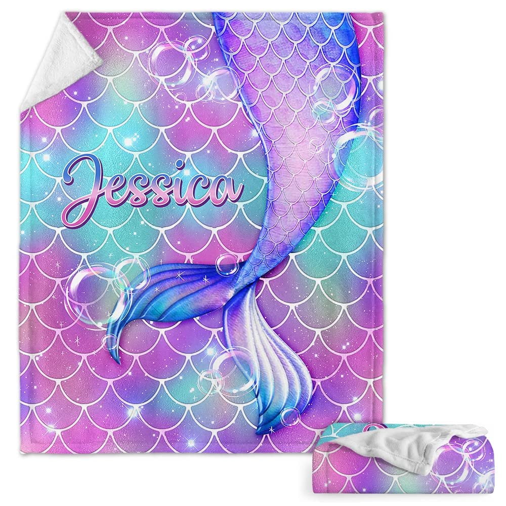 Mermaid Violet Baby Kids Blanket With Custom Name For Baby Girl Nursery, Daughter, Granddaughter