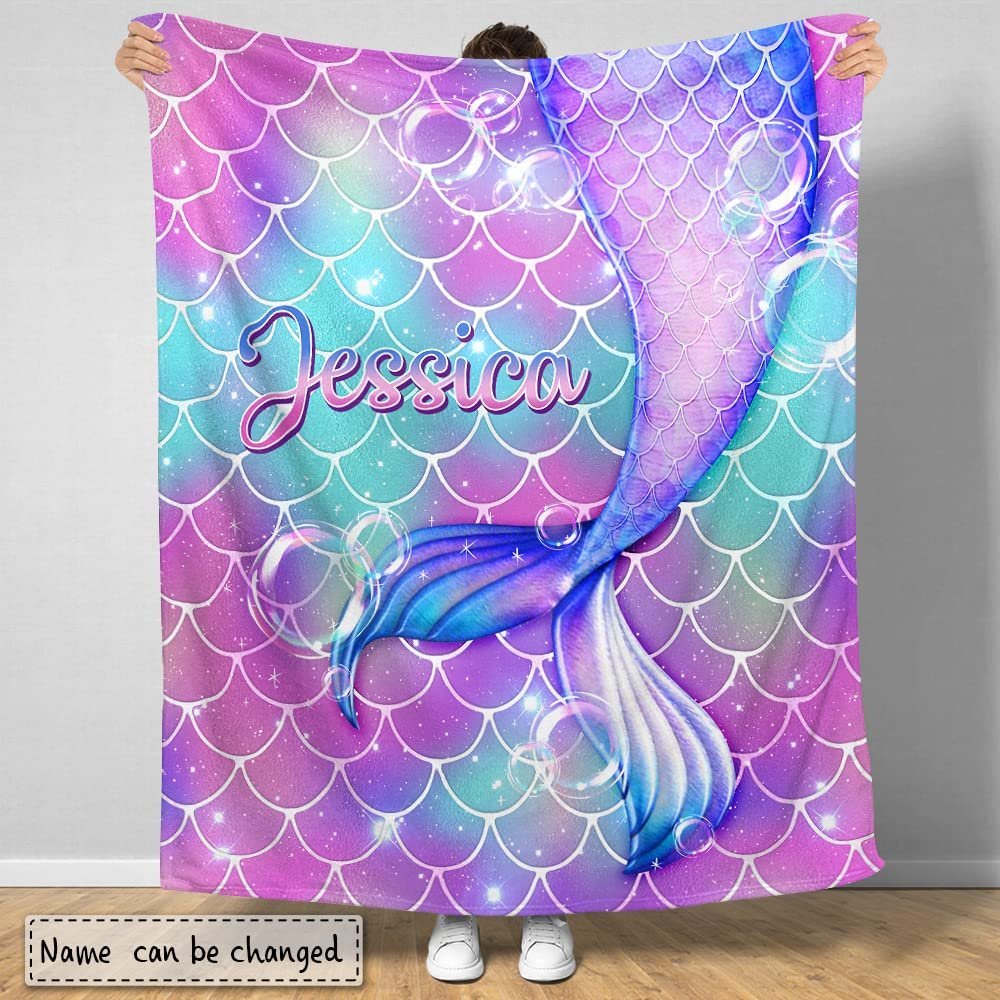 Mermaid Violet Baby Kids Blanket With Custom Name For Baby Girl Nursery, Daughter, Granddaughter