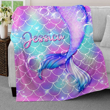 Mermaid Violet Baby Kids Blanket With Custom Name For Baby Girl Nursery, Daughter, Granddaughter