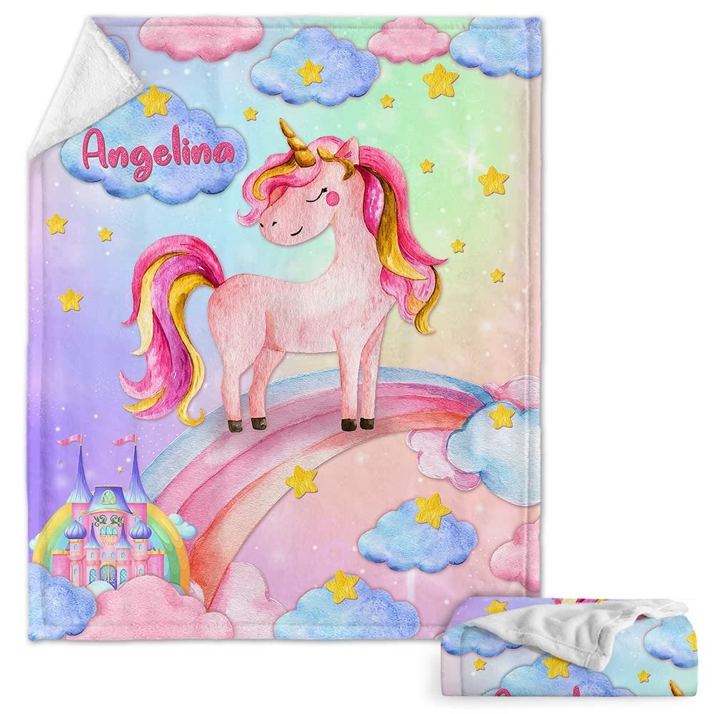 Princess Unicorn Rainbow Baby Kids Blanket With Custom Name For Baby Girl Nursery, Daughter, Granddaughter