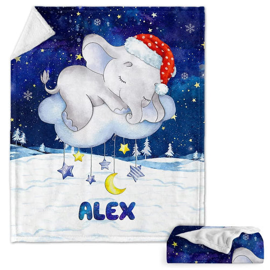 Sleeping Elephant Xmas Baby Kids Blanket With Custom Name For Baby Girl Nursery, Daughter, Granddaughter