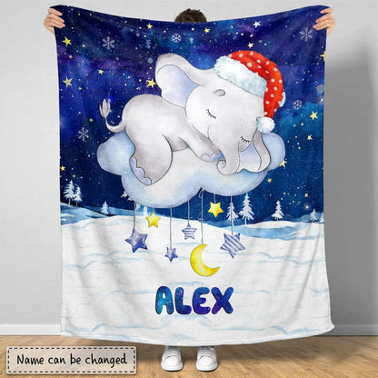 Sleeping Elephant Xmas Baby Kids Blanket With Custom Name For Baby Girl Nursery, Daughter, Granddaughter