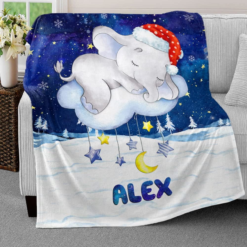 Sleeping Elephant Xmas Baby Kids Blanket With Custom Name For Baby Girl Nursery, Daughter, Granddaughter