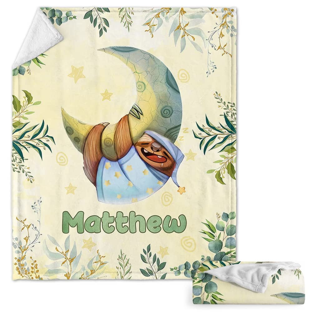 Sloth Sleeping On Moon Baby Kids Blanket With Custom Name, Awesome Gift For Boy Nursery, Son, Grandson