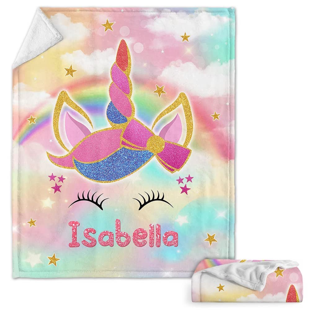 Unicorn Star Rainbow Baby Kids Blanket With Custom Name For Baby Girl Nursery, Daughter, Granddaughter