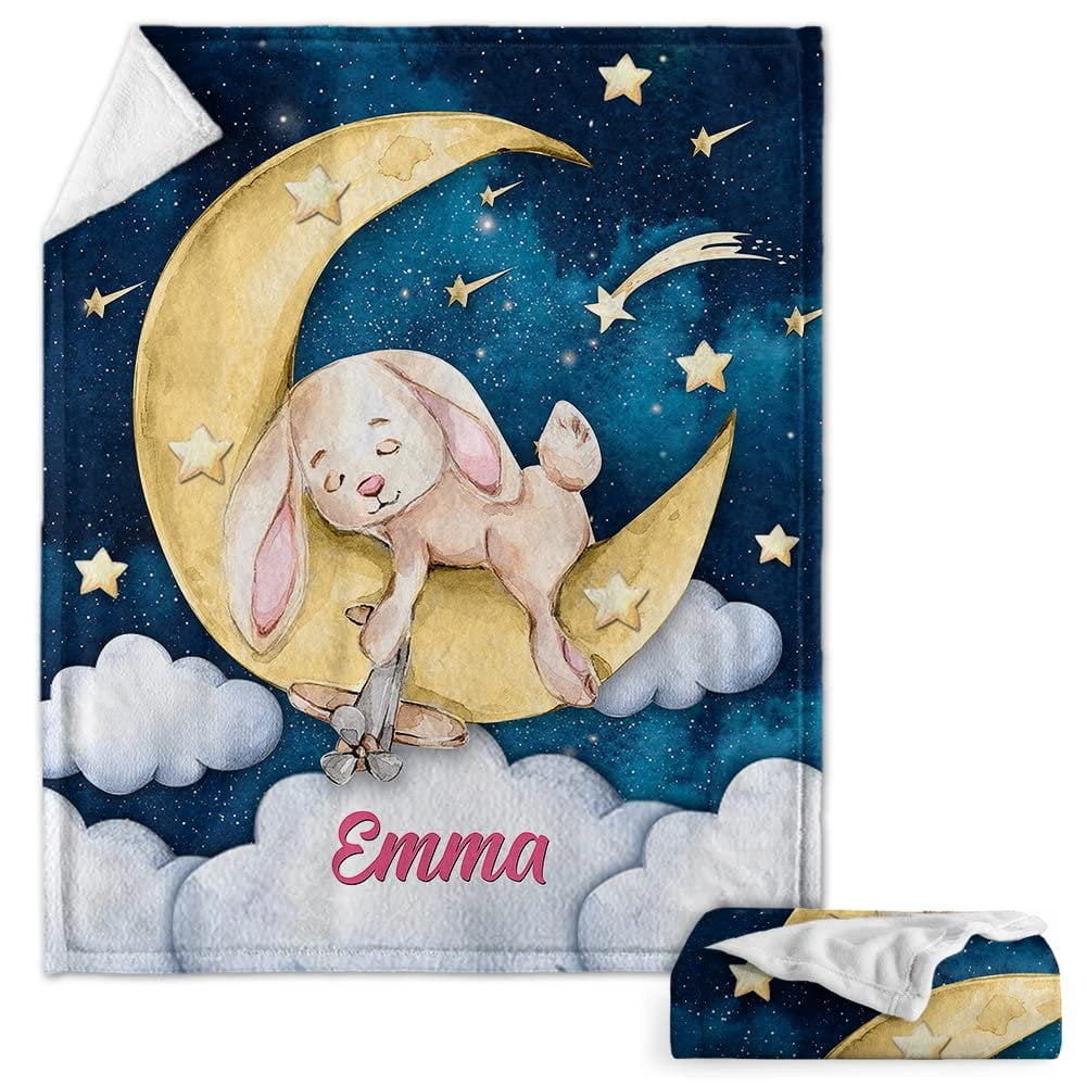 Cute Bunny Sleeping On Moon Baby Kids Blanket With Custom Name For Baby Girl Nursery, Daughter, Granddaughter