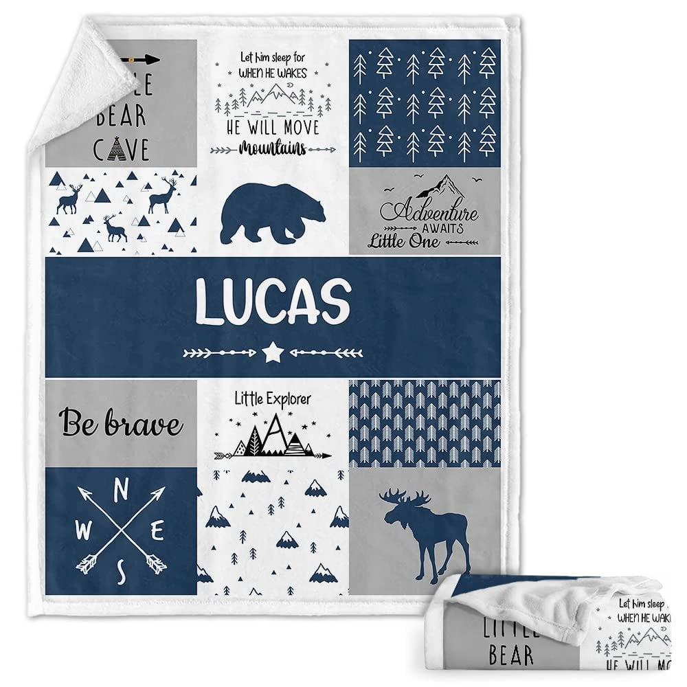 Woodland Theme Navy Grey Animals Baby Kids Blanket With Custom Name, Awesome Gift For Boy Nursery, Son, Grandson