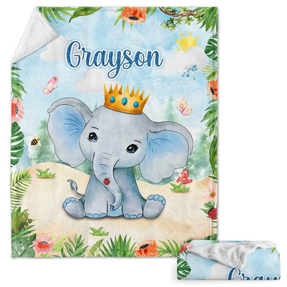 Cute Elephant Safari Baby Kids Blanket With Custom Name, Awesome Gift For Boy Nursery, Son, Grandson