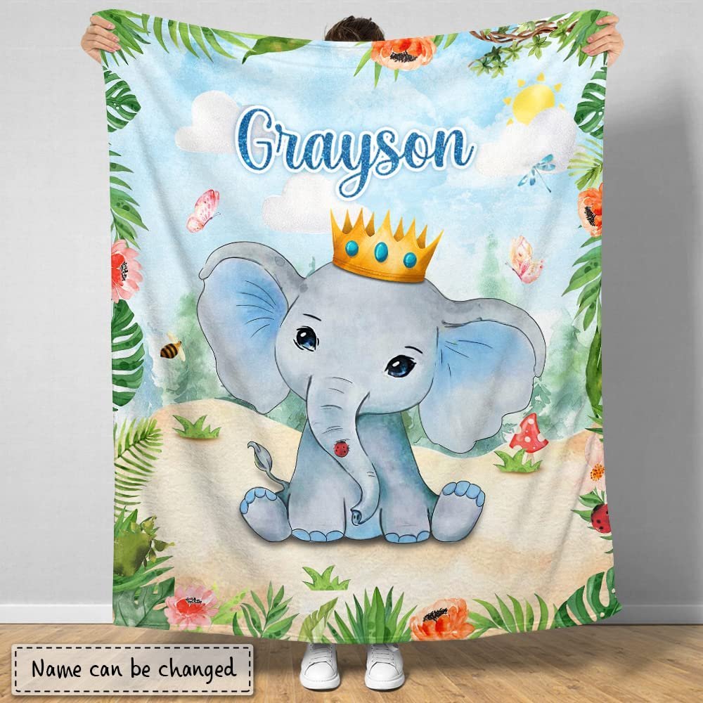 Cute Elephant Safari Baby Kids Blanket With Custom Name, Awesome Gift For Boy Nursery, Son, Grandson