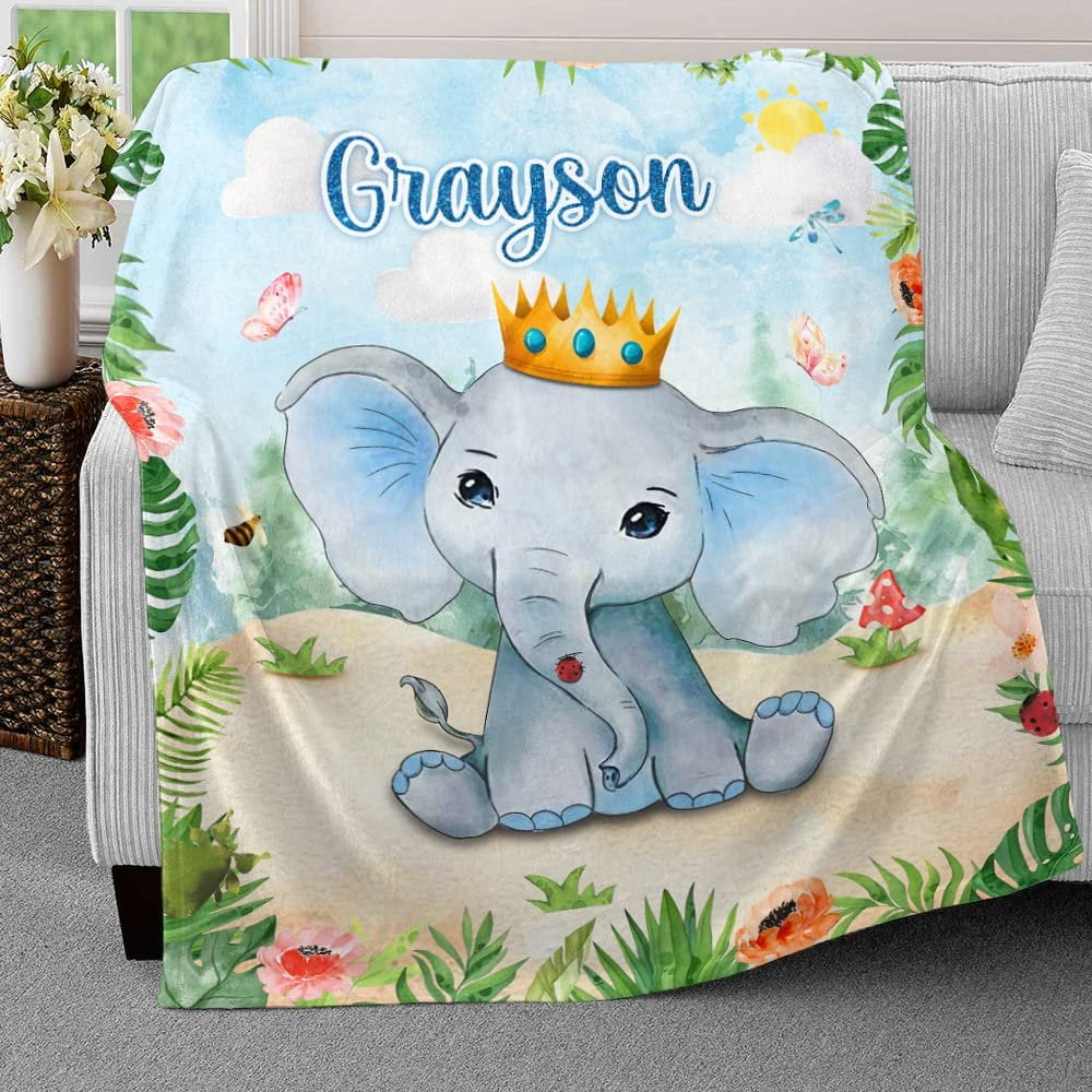 Cute Elephant Safari Baby Kids Blanket With Custom Name, Awesome Gift For Boy Nursery, Son, Grandson