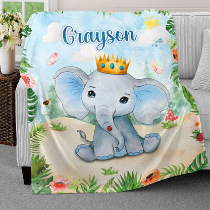 Cute Elephant Safari Baby Kids Blanket With Custom Name, Awesome Gift For Boy Nursery, Son, Grandson