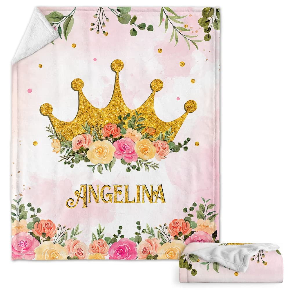 Princess Crown Baby Kids Blanket With Custom Name For Baby Girl Nursery, Daughter, Granddaughter