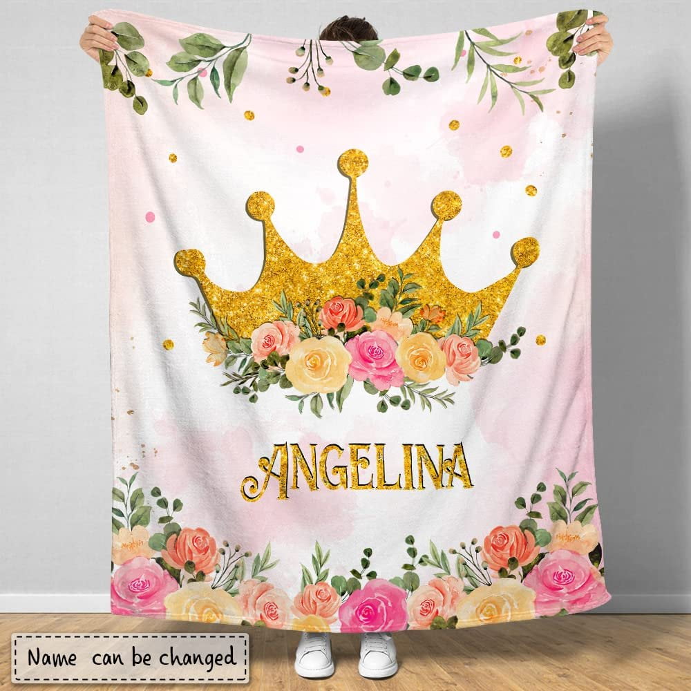 Princess Crown Baby Kids Blanket With Custom Name For Baby Girl Nursery, Daughter, Granddaughter
