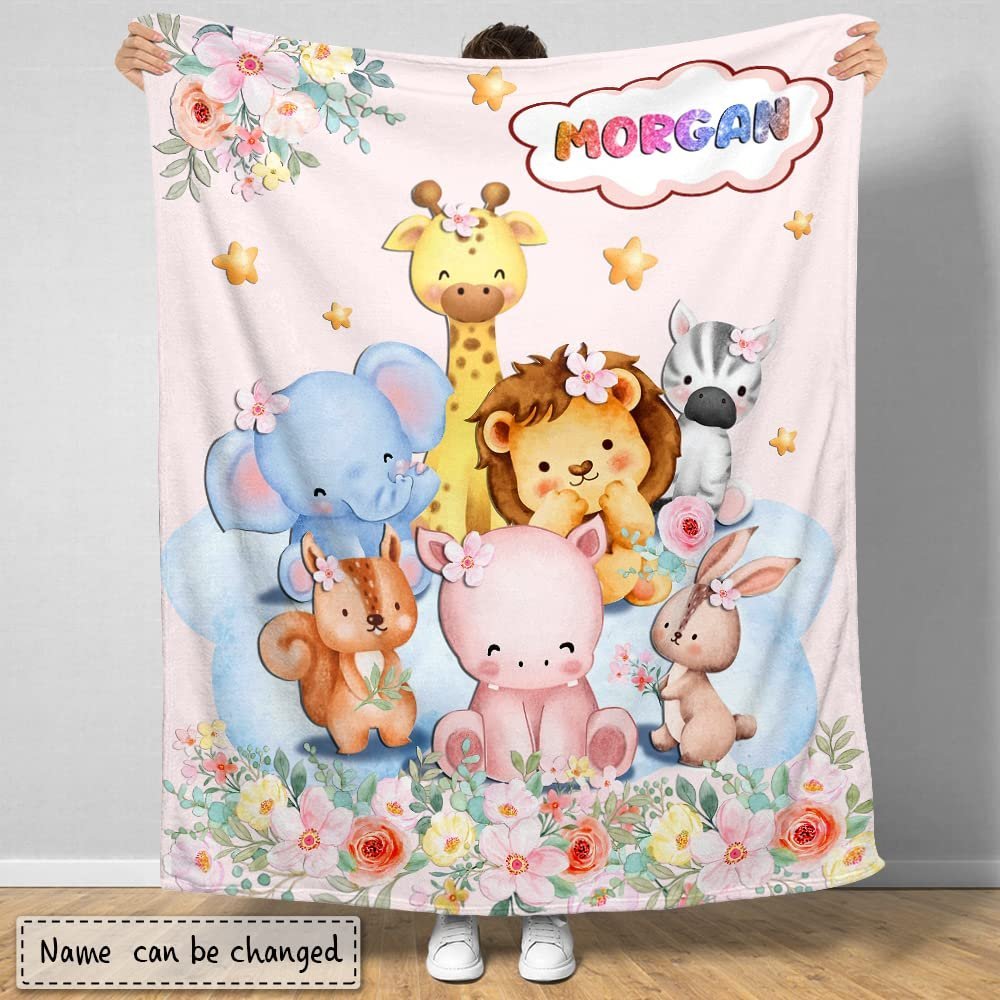 Pink Woodland Animals Baby Kids Blanket With Custom Name For Baby Girl Nursery, Daughter, Granddaughter