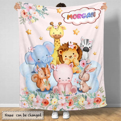 Pink Woodland Animals Baby Kids Blanket With Custom Name For Baby Girl Nursery, Daughter, Granddaughter
