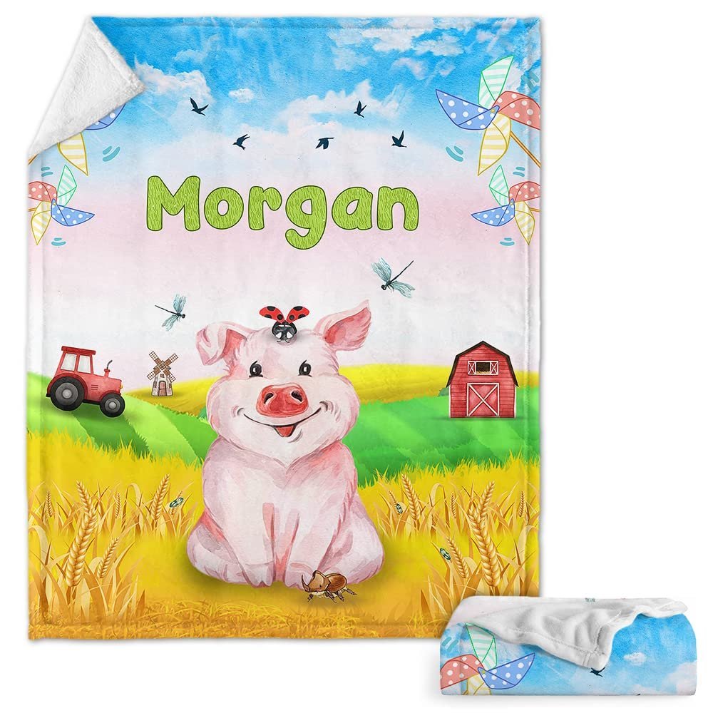 Lovely Pig And Farm Baby Kids Blanket With Custom Name For Baby Girl Nursery, Daughter, Granddaughter