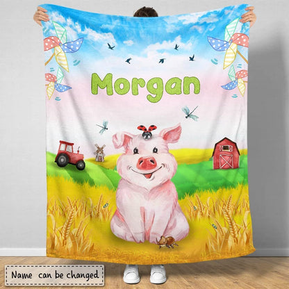 Lovely Pig And Farm Baby Kids Blanket With Custom Name For Baby Girl Nursery, Daughter, Granddaughter