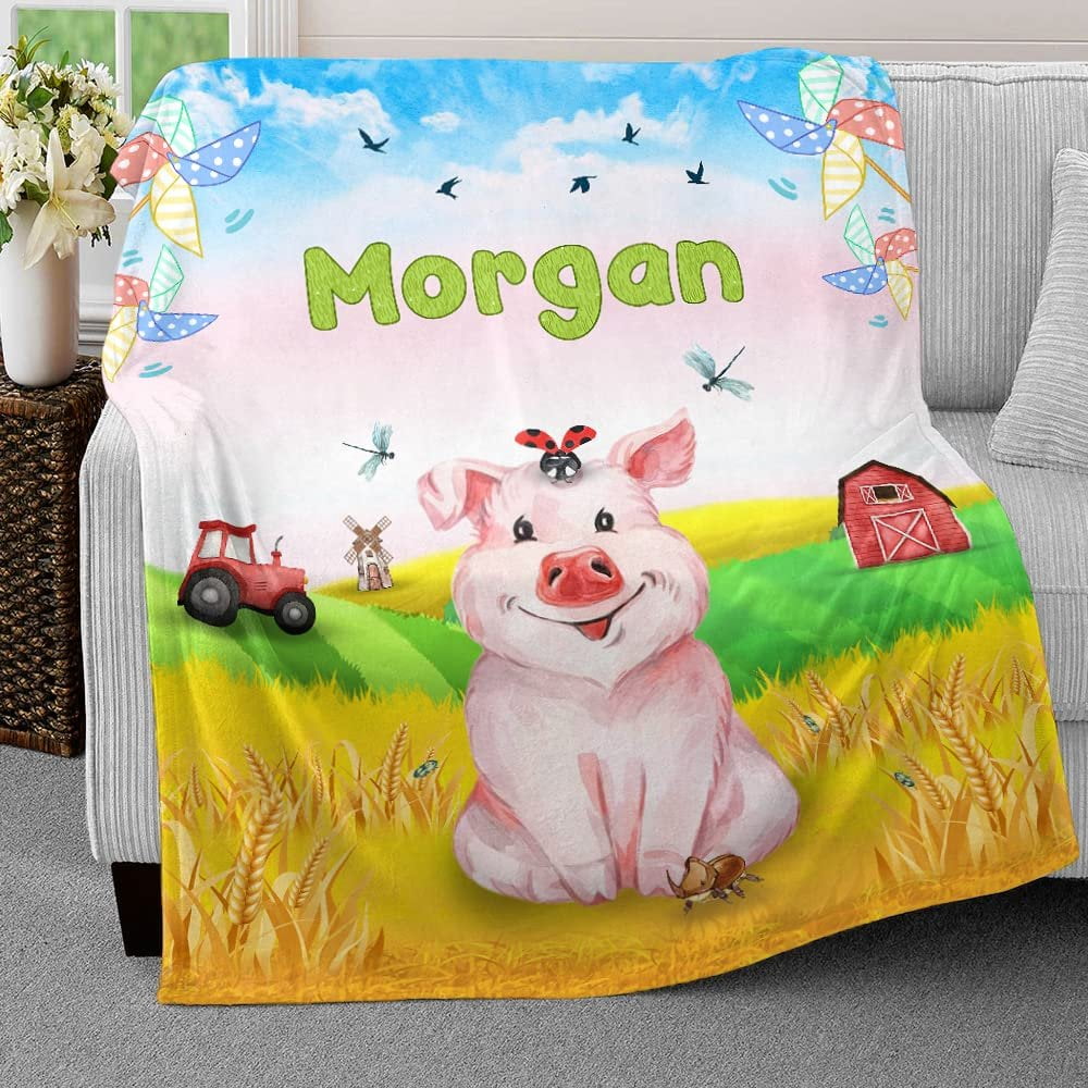Lovely Pig And Farm Baby Kids Blanket With Custom Name For Baby Girl Nursery, Daughter, Granddaughter