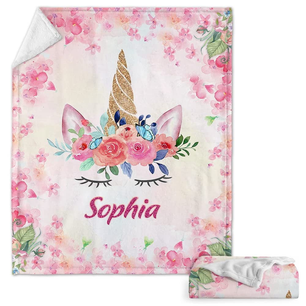 Pink Floral Unicorn Baby Kids Blanket With Custom Name For Baby Girl Nursery, Daughter, Granddaughter
