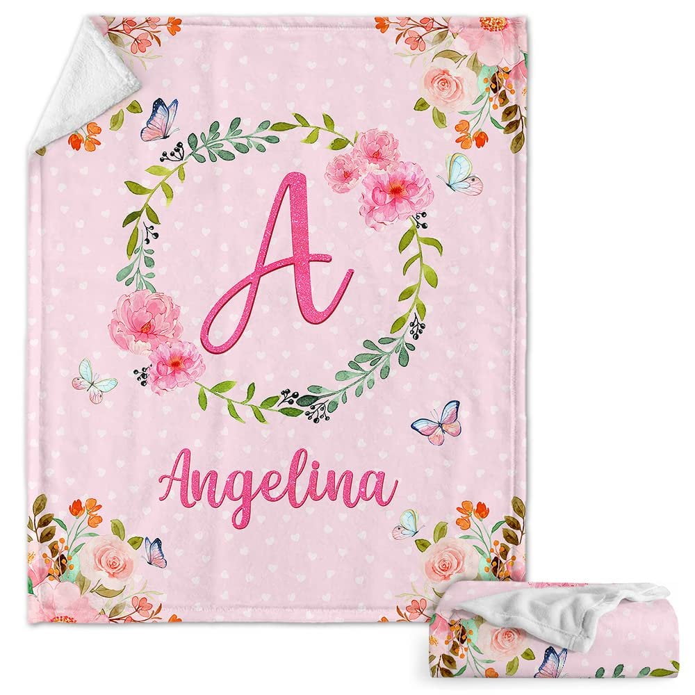 Pink Floral Monogram Baby Kids Blanket With Custom Name For Baby Girl Nursery, Daughter, Granddaughter