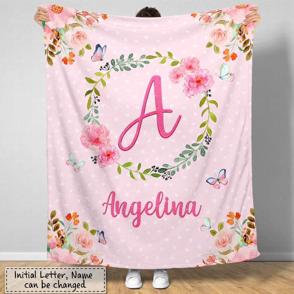 Pink Floral Monogram Baby Kids Blanket With Custom Name For Baby Girl Nursery, Daughter, Granddaughter
